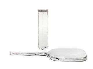 An English Silver Hand Mirror and Silver Mounted Glass Cut Powder Jar, Length 11 1/4 inches.