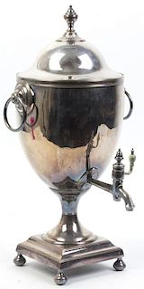 An English Silver-Plate Tea Urn on Stand, Height 20 inches.