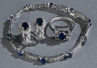 Sapphire, diamond, and white gold jewelry set