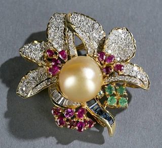 Ruby sapphire emerald diamond and pearl brooch.