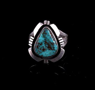 Signed Navajo Sterling and Blue Gem Turquoise Ring