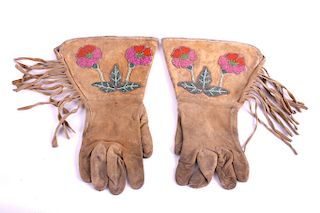 Crow Floral Beaded Gauntlet Gloves c. 1900
