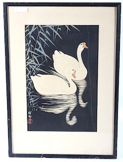 Swan and Reeds Woodcut Print by Shoson Ohara c1928