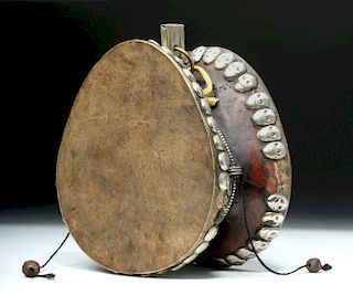 19th C. Tibetan Double Skull and Skin Damaru - Drum