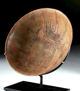 Rare Paracas Pottery Bowl - Incised Warrior Deity