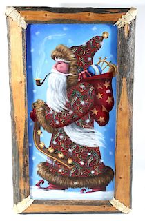Signed Santa Claus Painting with Rustic Frame