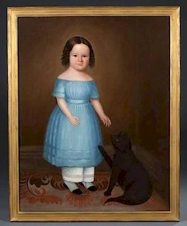 Folk portrait of a young girl & cat. c.1820-1840.