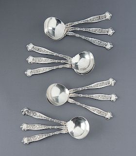 12 Pcs 19th C Whiting Dresden Sterling Soup Spoons