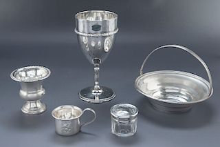 5 Pcs 19th/20th C. Silver Incl Cups & Basket