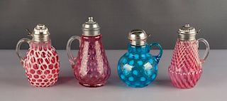 4 Victorian Art Glass Syrup Pitchers