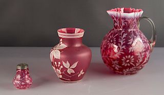 3 Pcs Victorian Cranberry Art Glass