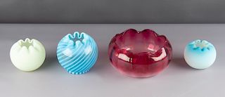 4 Victorian Art Glass Ruffle Rimmed Rose Bowls