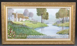 Cottage landscape with wildflowers, O/c, 20th c.