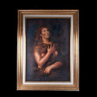 María Magdalena. Siglo XX. Óleo sobre tela. Firmado "Vinageras". Inspirada en la obra de Tiziano. Emarcado.