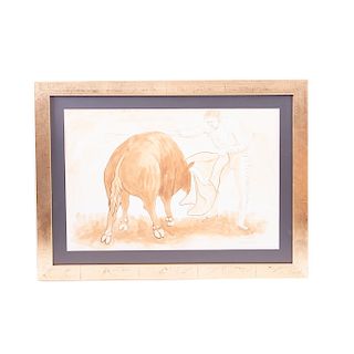 Arturo Estrada Hernández (Michoacán, México, 1925-) Toro y torero. Acuarela sobre papel algodón. Firmada. Enmarcado.