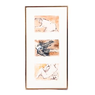 Mario Monttero (México, siglo XX) Mujeres. Técnica mixta sobre papel. Firmada y fechada 72. Enmarcada. 45 x 17 cm.