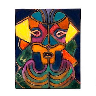 Víctor Cha´ca (Juchitán, Oaxaca, 1948 -) La máscara. Óleo y arenas sobre madera. Firmado. 68 x 56.5 cm