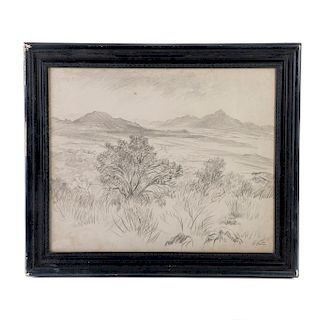 Feliciano Peña (Silao, Guanajuato, 1915 - Ciudad de México, 1982) Paisaje y arbustos con los volcanes. Lápiz de grafito sobre papel.