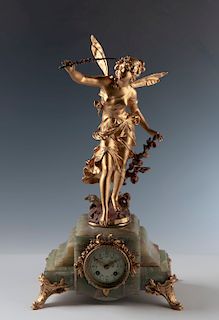 French Gilt & Onyx Figural Mantle Clock