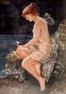 Hand Painted Porcelain Plaque of Fairy on Rock