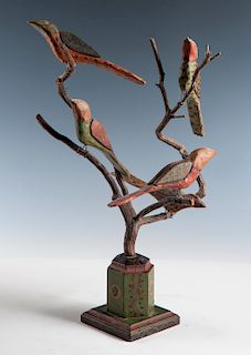 J. Murphy Folk Art Carved Birds on Tree