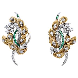 A pair of emerald and diamond 14K white gold and palladium silver earrings. 