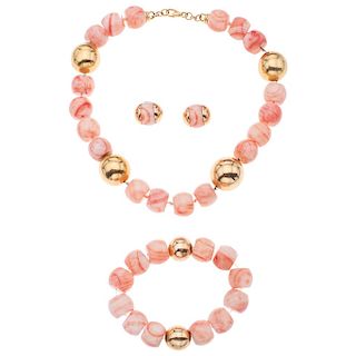 A coral bead 18K and 14K yellow gold choker, bracelet and pair of stud earrings set.
