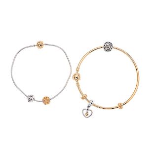 PANDORA 14K yellow gold 14K and sterling silver bangle and bracelet.