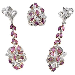 A ruby and diamond palladium silver and 14K yellow gold ring and pair of earrings set.