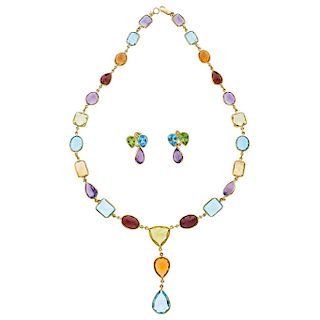 An aquamarine, citrine, amethyst, garnet, quartz, peridot and topaz 18K yellow gold necklace and pair of earrings set.