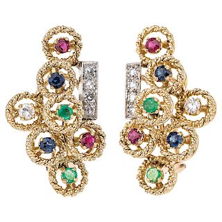 A pair of sapphire, ruby, emerald and diamond 18K yellow gold 18K and palladium silver earrings.