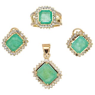 An emerald and diamond 14K yellow gold pendant, ring and pair of earrings set.