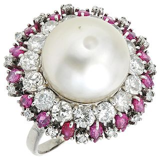 A cultured pearl, ruby and diamond palladium silver ring.