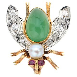 A nefrite jade, cultured pearl, diamond and ruby 14K yellow and white gold brooch.