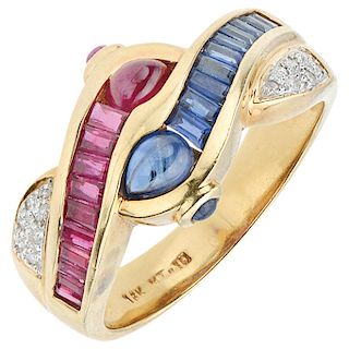 A ruby, sapphire and diamond 18K yellow gold ring.