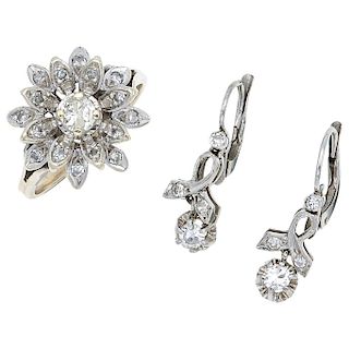 A diamond 14K white gold ring and a pair of diamond palladium silver earrings.