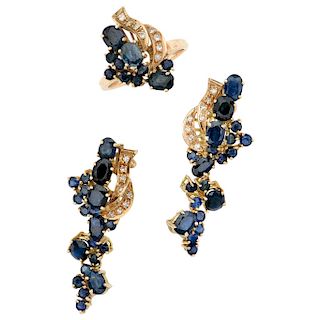A sapphire and diamond 14K yellow gold ring and pair of earrings set.