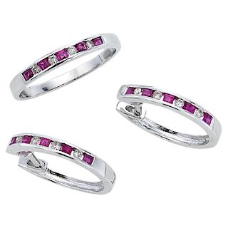 A ruby and diamond 14K white gold ring and pair of hoop earrings set.