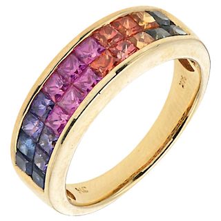 A sapphire 14K yellow gold ring.