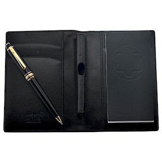MONTBLANC leather card holder/note holder and resin ballpoint pen.