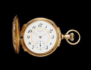 A 14 Karat Tricolor Gold and Diamond Hunter Case Pocket Watch, Elgin, Circa 1881,