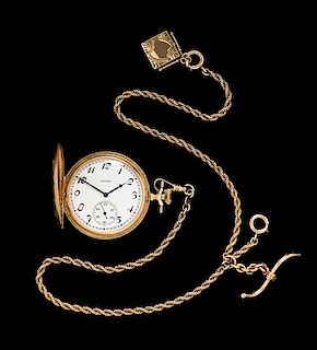 A 14 Karat Yellow Gold Hunter Case Pocket Watch and 14 Karat Yellow Gold Fob Chain, Elgin, Circa 1927,