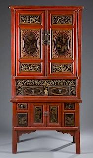 Asian red lacquered cabinet on stand.