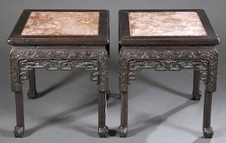 Pair of Chinese rosewood and marble top tabourets.
