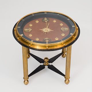 Brass and Leather Clock Low Table, in the Style of Jacques Adnet