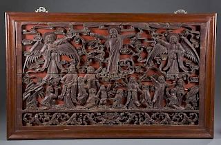 Large Chinese carved wooden panel, 19th c.
