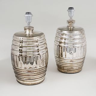 Pair of Mercury Glass Barrel Form Lamps