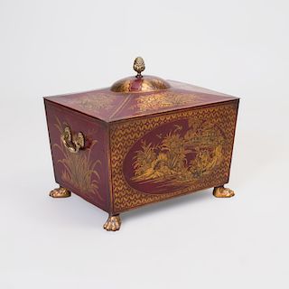 Regency Style Gilt Decorated Scarlet Ground Tôle Wood Bin and Cover
