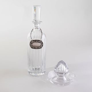 Baccarat Glass Decanter and Stopper, a William Yeoward Citrus Juicer, and a Silver Plate Bottle Ticket