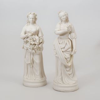 Pair of Parian Figures of Maidens on Later Painted Wood Stands